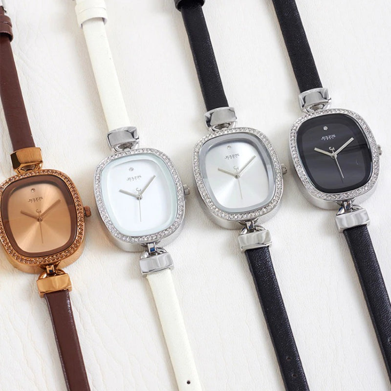 Classy Rhinestone Adorned Numberless Dial with Thin Vegan Leather Strap Quartz Watches