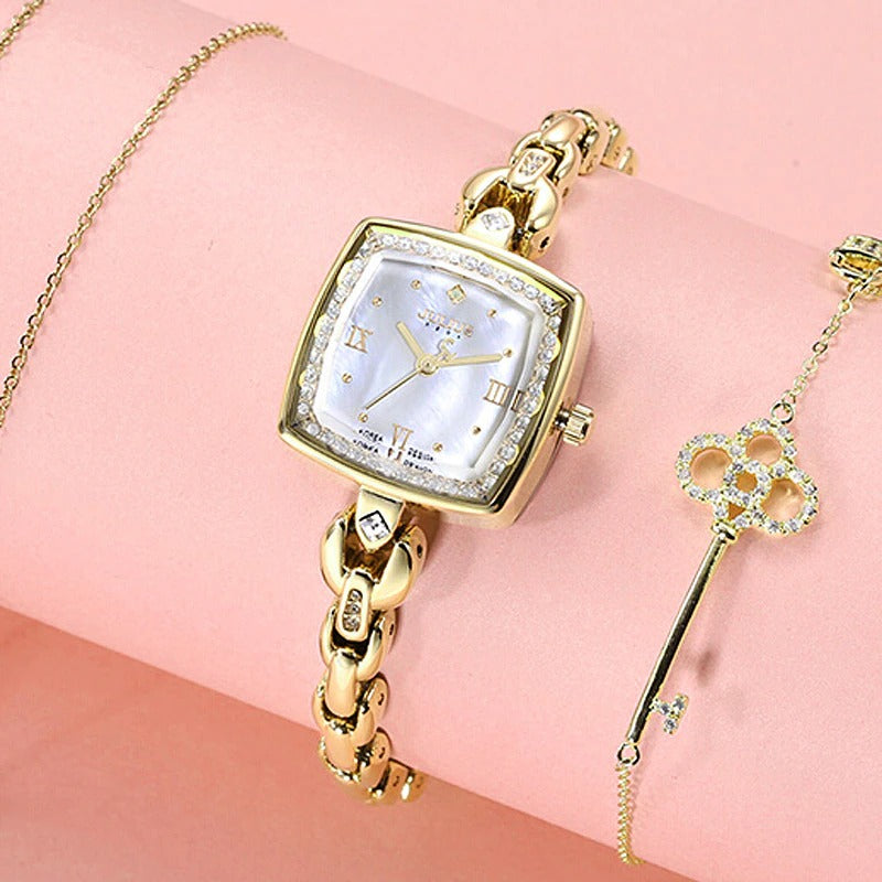 Captivating Square Case with Rhinestone and Pearl Dial Quartz Watches