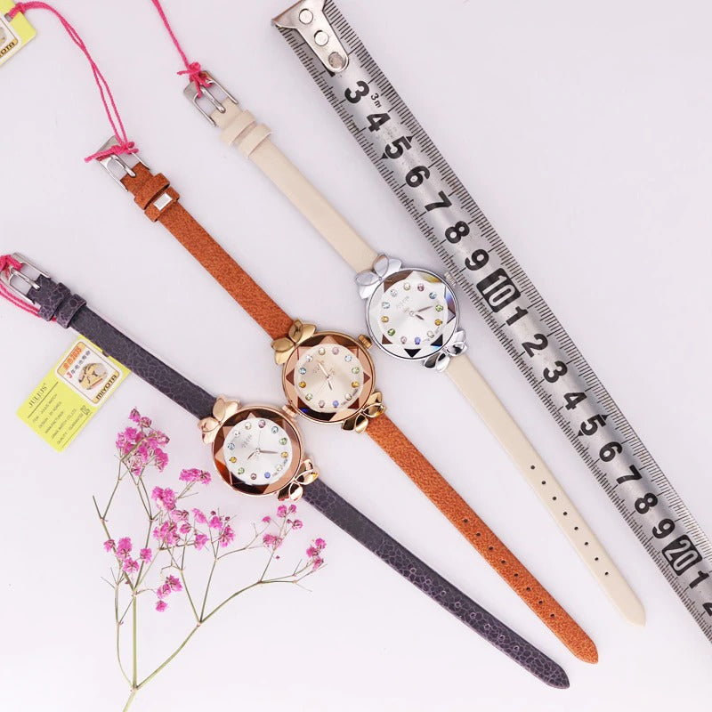 Multicolor Rhinestone Dial with Chic Bowknot in Vegan Leather Strap Quartz Watches