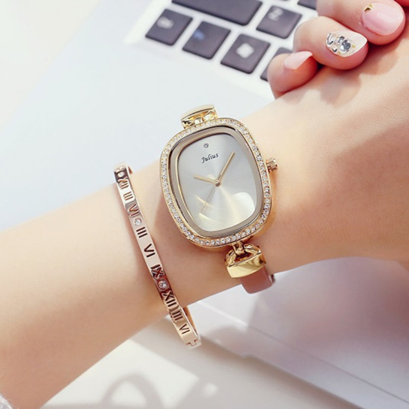 Classy Rhinestone Adorned Numberless Dial with Thin Vegan Leather Strap Quartz Watches