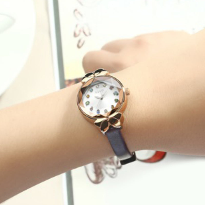 Multicolor Rhinestone Dial with Chic Bowknot in Vegan Leather Strap Quartz Watches