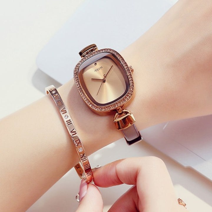 Classy Rhinestone Adorned Numberless Dial with Thin Vegan Leather Strap Quartz Watches