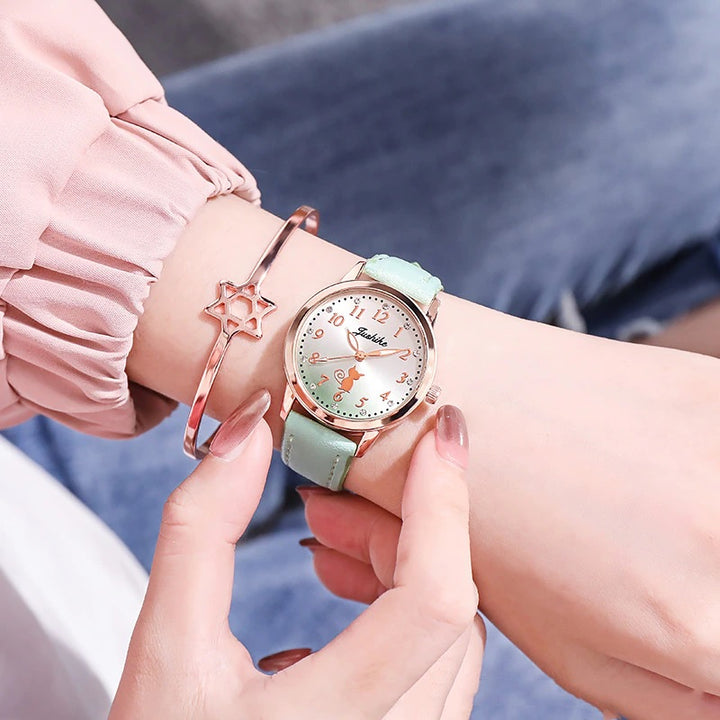 Pretty Cat Pattern Dial Vegan Leather Strap Quartz Watches