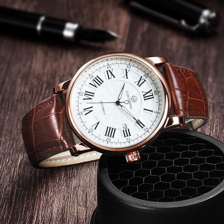 Watch - Classic Roman Numeral Dial With Leather Band Mechanical Watch