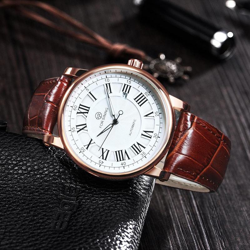 Watch - Classic Roman Numeral Dial With Leather Band Mechanical Watch