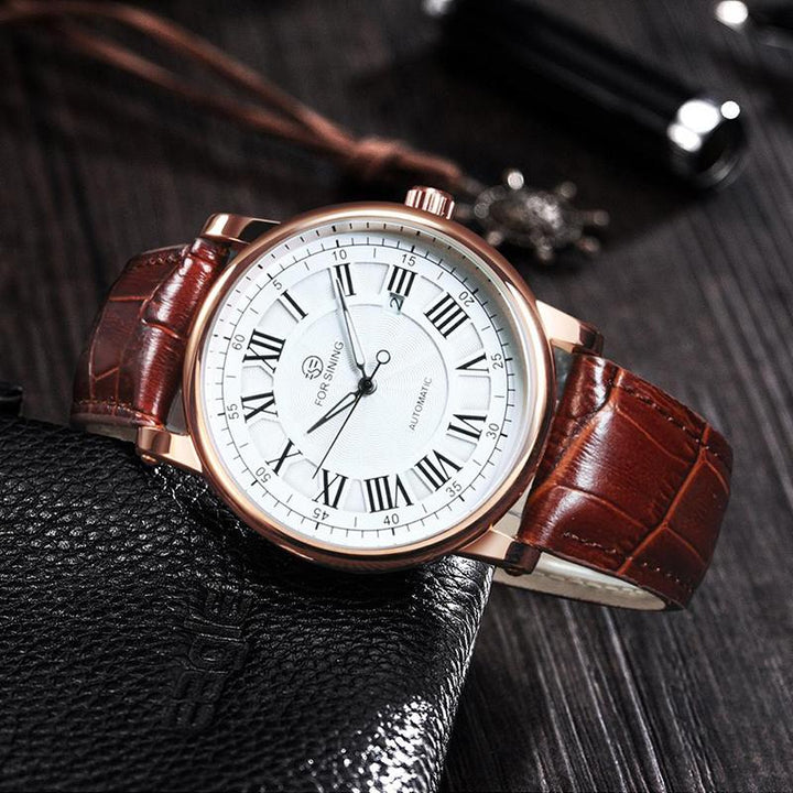 Watch - Classic Roman Numeral Dial With Leather Band Mechanical Watch