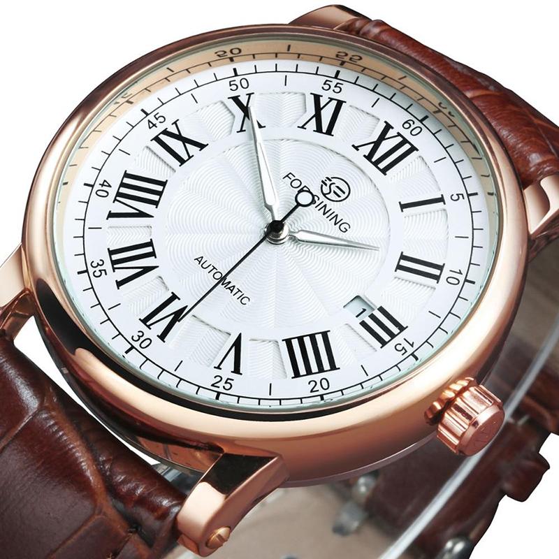 Watch - Classic Roman Numeral Dial With Leather Band Mechanical Watch