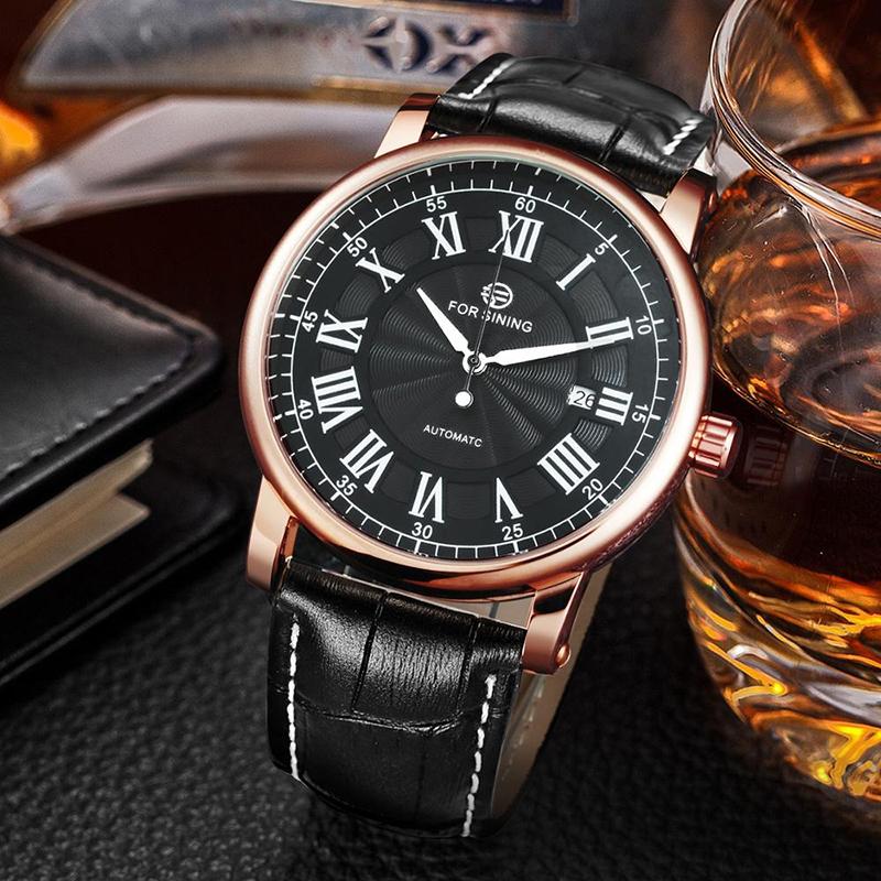 Watch - Classic Roman Numeral Dial With Leather Band Mechanical Watch