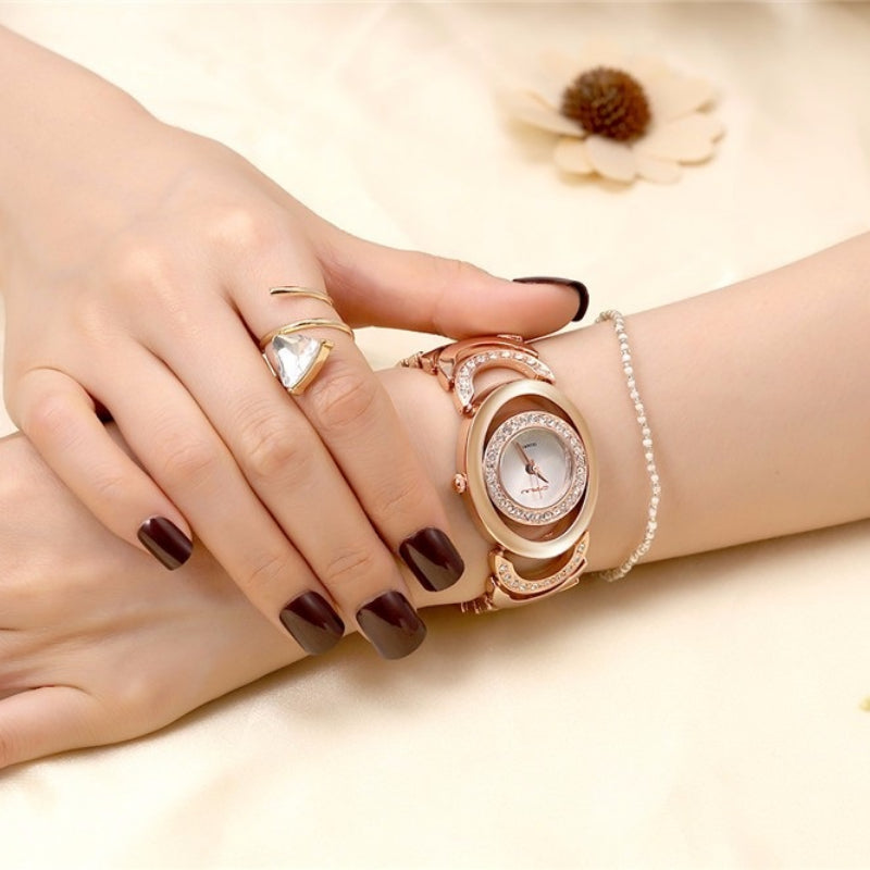 Elegant Round Case Rhinestone Bejeweled Bracelet Quartz Watches