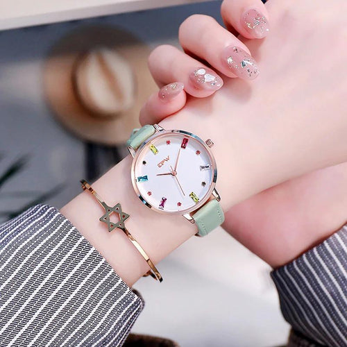 Watch - Colorful Rhinestone Dial With Leather Strap Quartz Watch