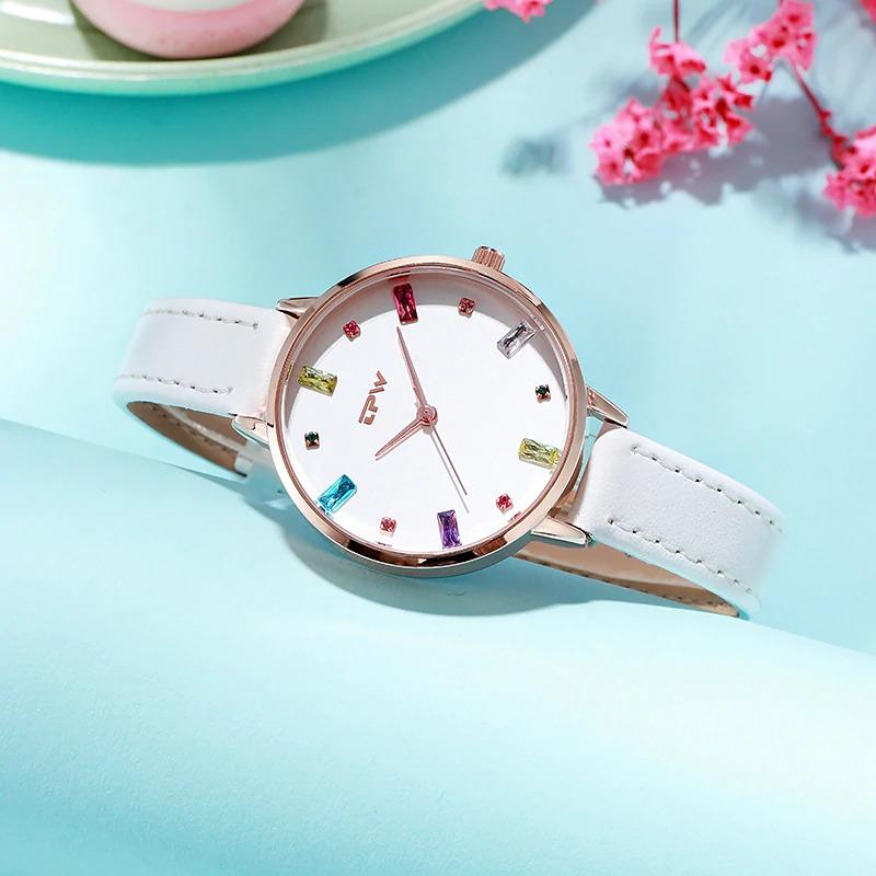 Watch - Colorful Rhinestone Dial With Leather Strap Quartz Watch