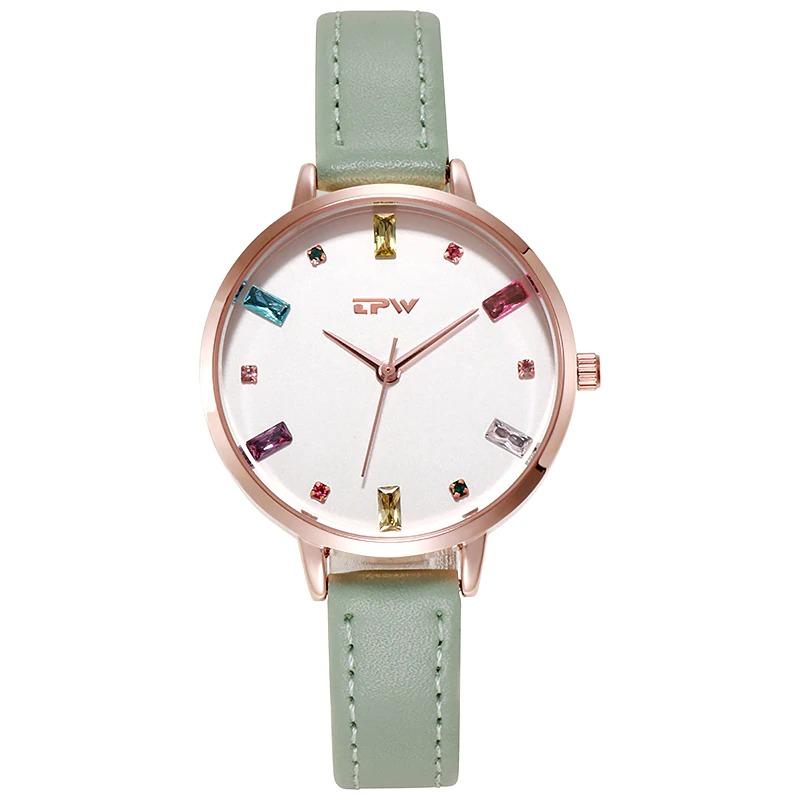Watch - Colorful Rhinestone Dial With Leather Strap Quartz Watch