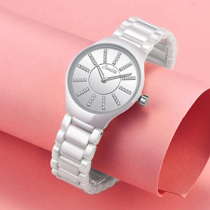 Watch - Elegant Ceramic Band Rhinestone Quartz Watch