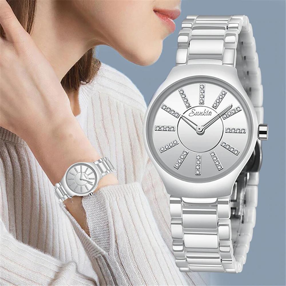 Watch - Elegant Ceramic Band Rhinestone Quartz Watch