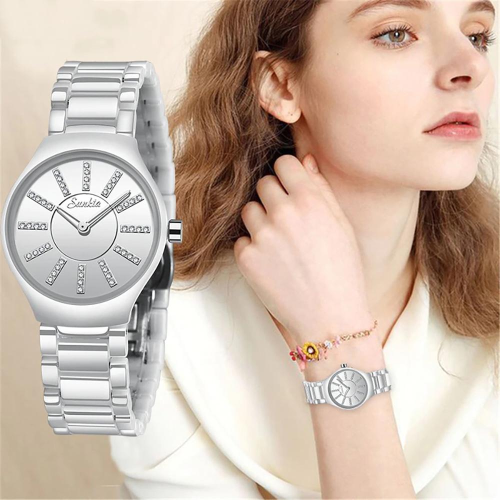 Watch - Elegant Ceramic Band Rhinestone Quartz Watch