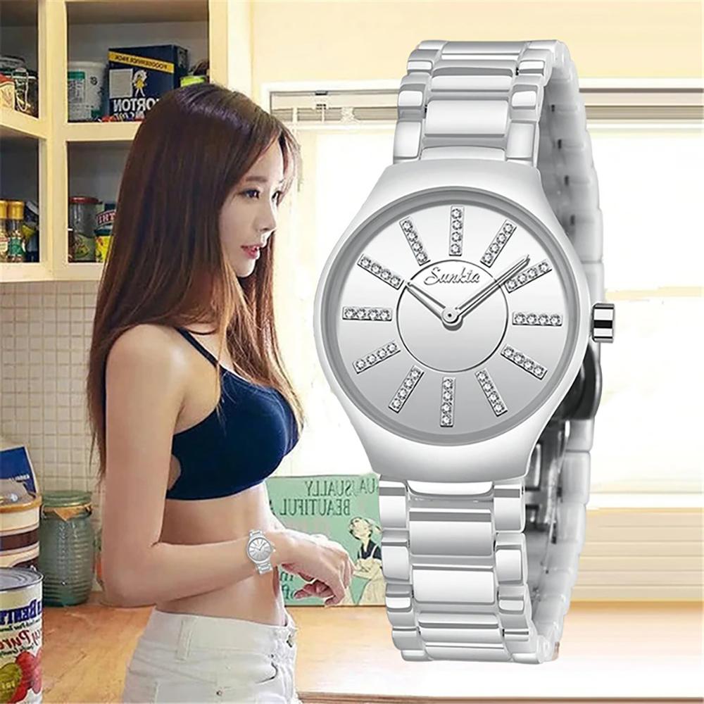 Watch - Elegant Ceramic Band Rhinestone Quartz Watch