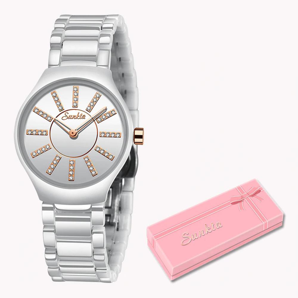 Watch - Elegant Ceramic Band Rhinestone Quartz Watch