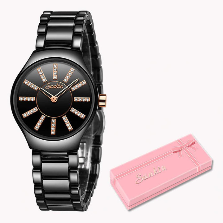 Watch - Elegant Ceramic Band Rhinestone Quartz Watch