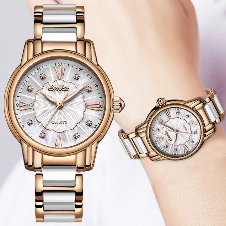 Watch - Elegant Ceramic Steel Strap Quartz Watch