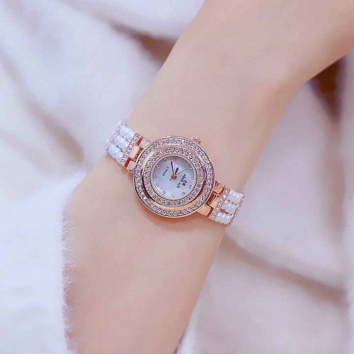 Watch - Elegant Crystal And Pearl Accent Quartz Watch