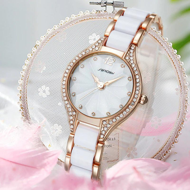 Watch - Elegant Rhinestone Adorned Ceramic Band Quartz Watch