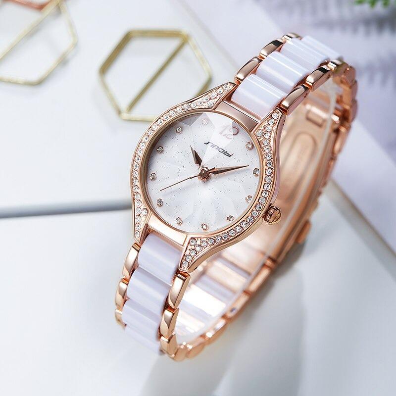 Watch - Elegant Rhinestone Adorned Ceramic Band Quartz Watch