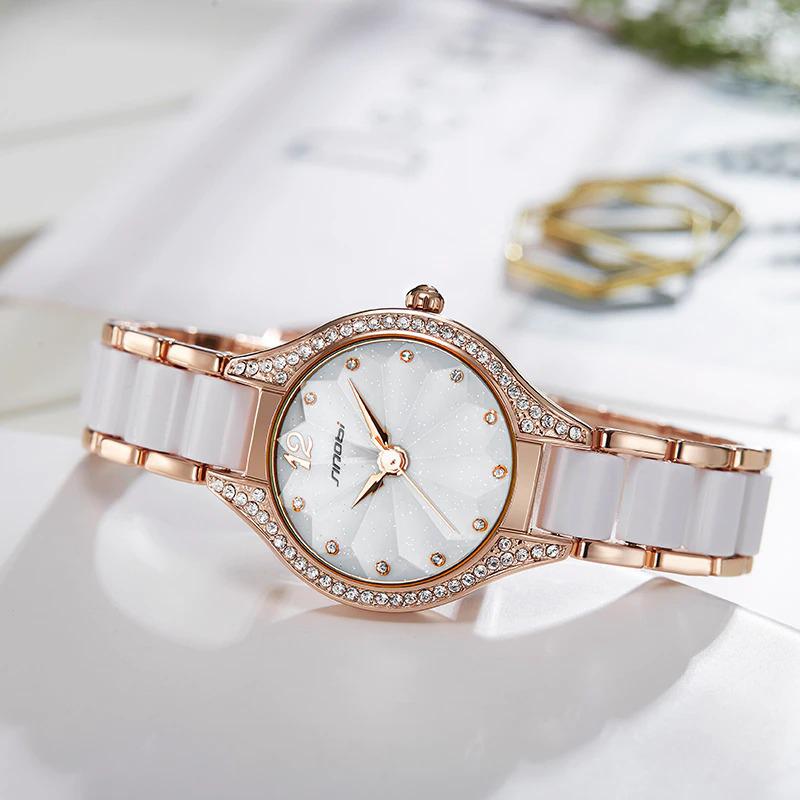 Watch - Elegant Rhinestone Adorned Ceramic Band Quartz Watch