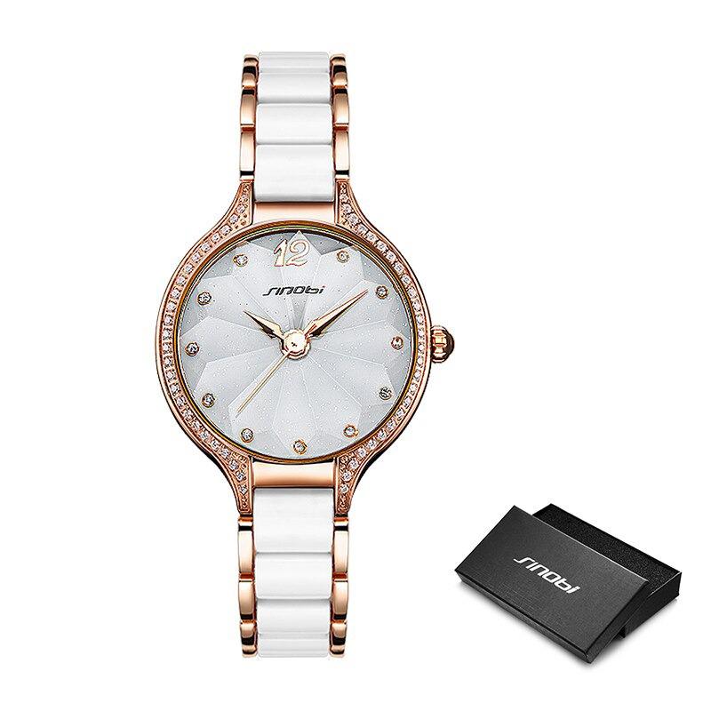 Watch - Elegant Rhinestone Adorned Ceramic Band Quartz Watch