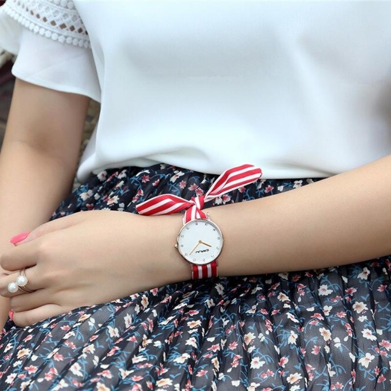 Watch - Fashionable Stripe And Floral Cloth Band Quartz Watch