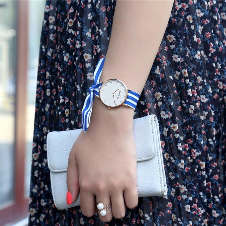 Watch - Fashionable Stripe And Floral Cloth Band Quartz Watch