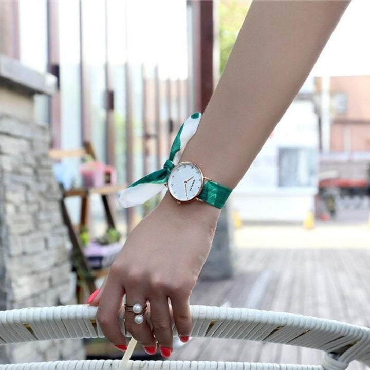 Watch - Fashionable Stripe And Floral Cloth Band Quartz Watch