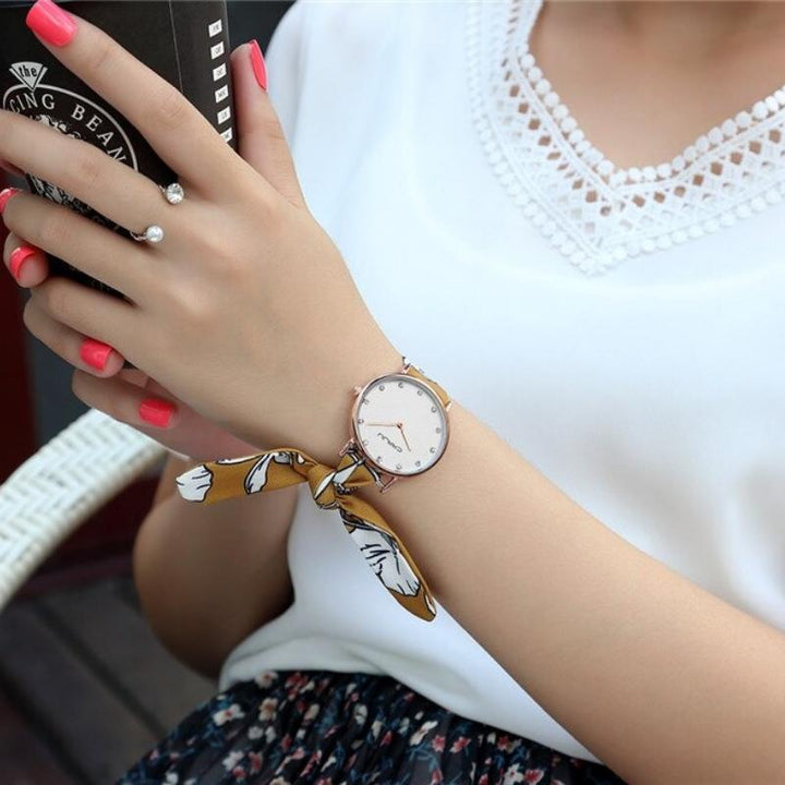 Watch - Fashionable Stripe And Floral Cloth Band Quartz Watch