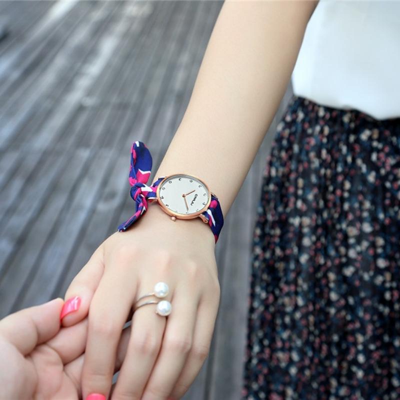 Watch - Fashionable Stripe And Floral Cloth Band Quartz Watch