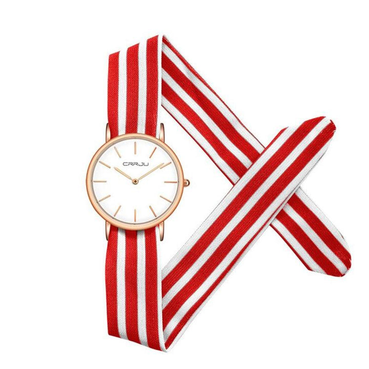 Watch - Fashionable Stripe And Floral Cloth Band Quartz Watch