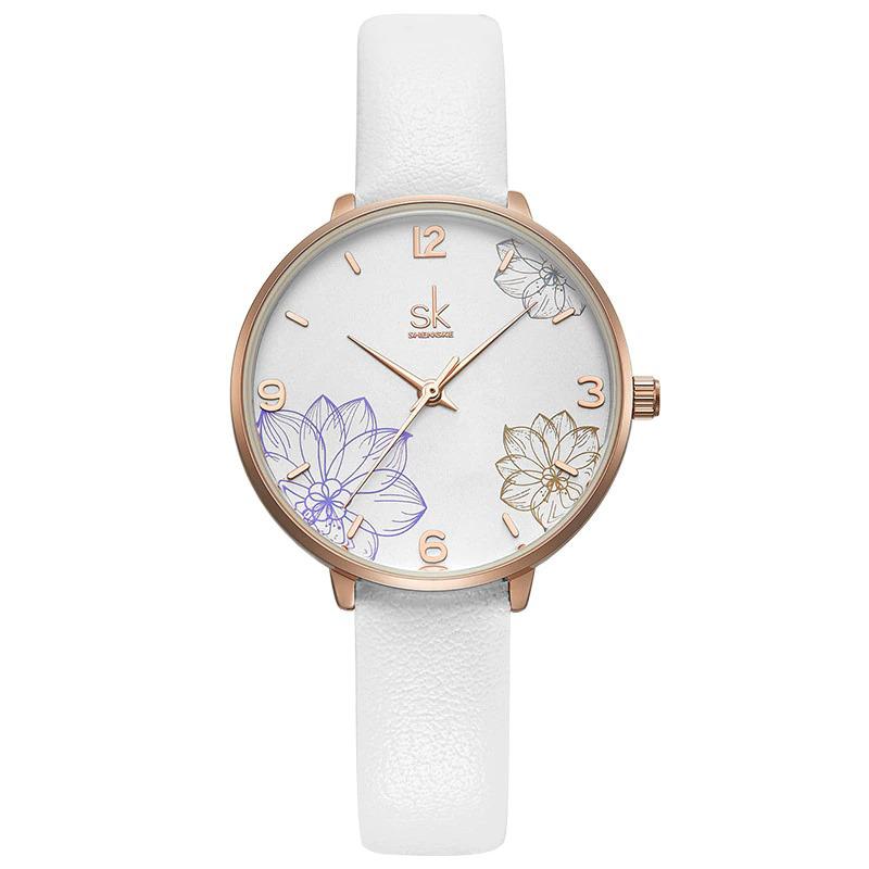 Watch - Intricate Flower Dial Leather Strap Quartz Watch