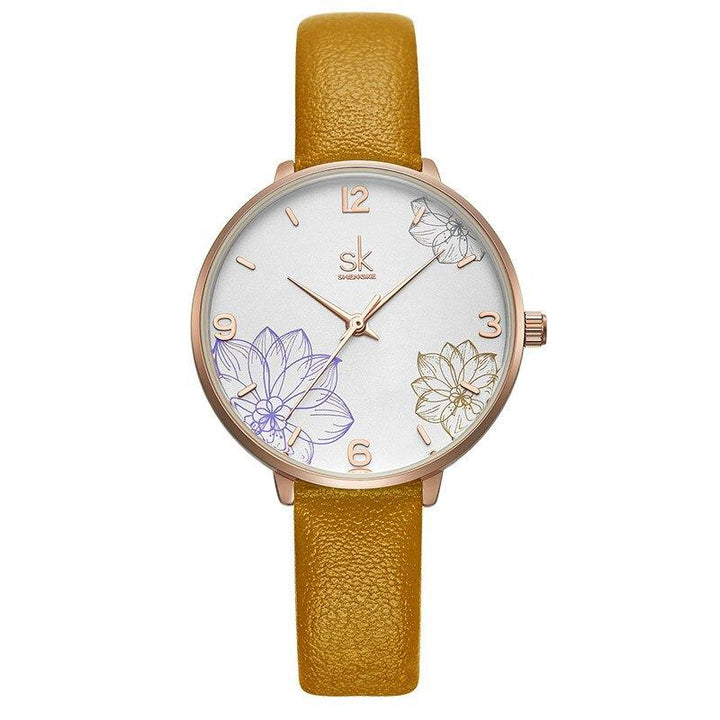 Watch - Intricate Flower Dial Leather Strap Quartz Watch