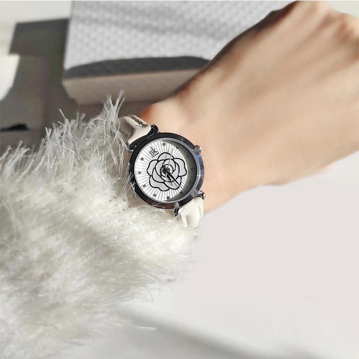 Watch - Intricate Flower Dial With Leather Strap Quartz Watch