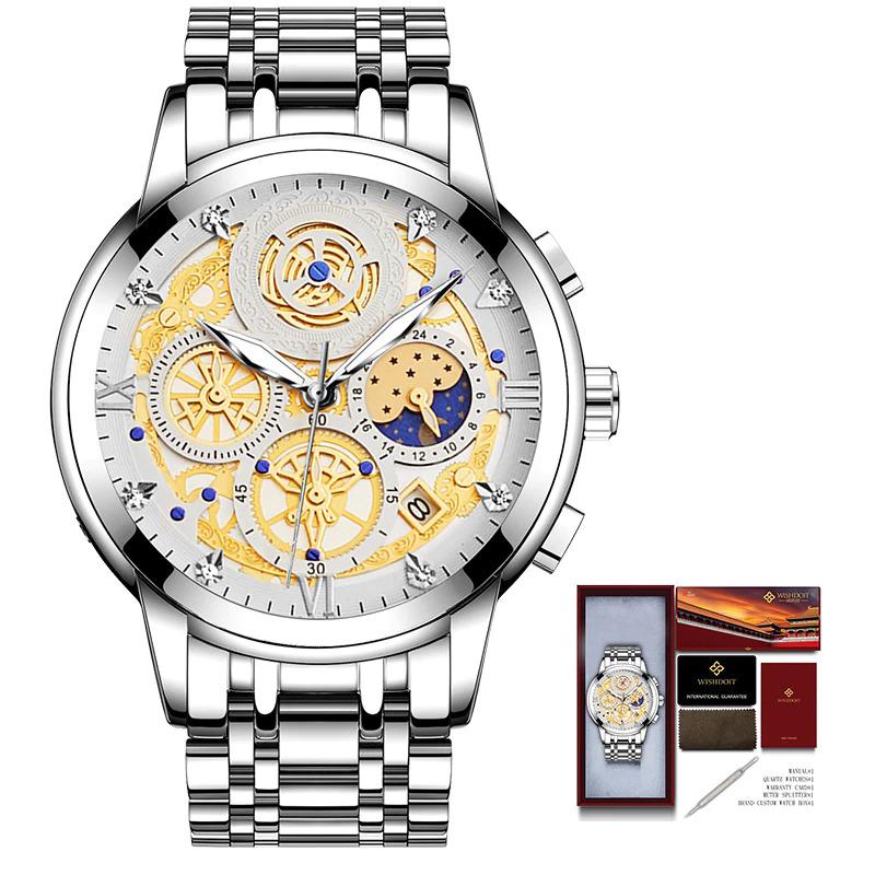 Watch - Luminous Stainless Steel Moon Phase Chronograph Quartz Watch