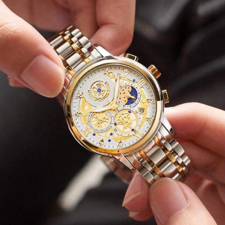 Watch - Luminous Stainless Steel Moon Phase Chronograph Quartz Watch