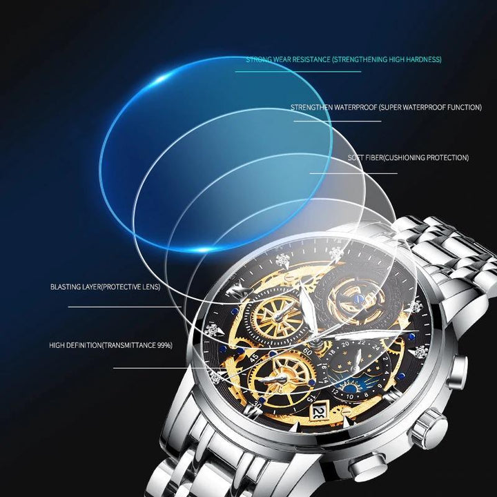 Watch - Luminous Stainless Steel Moon Phase Chronograph Quartz Watch