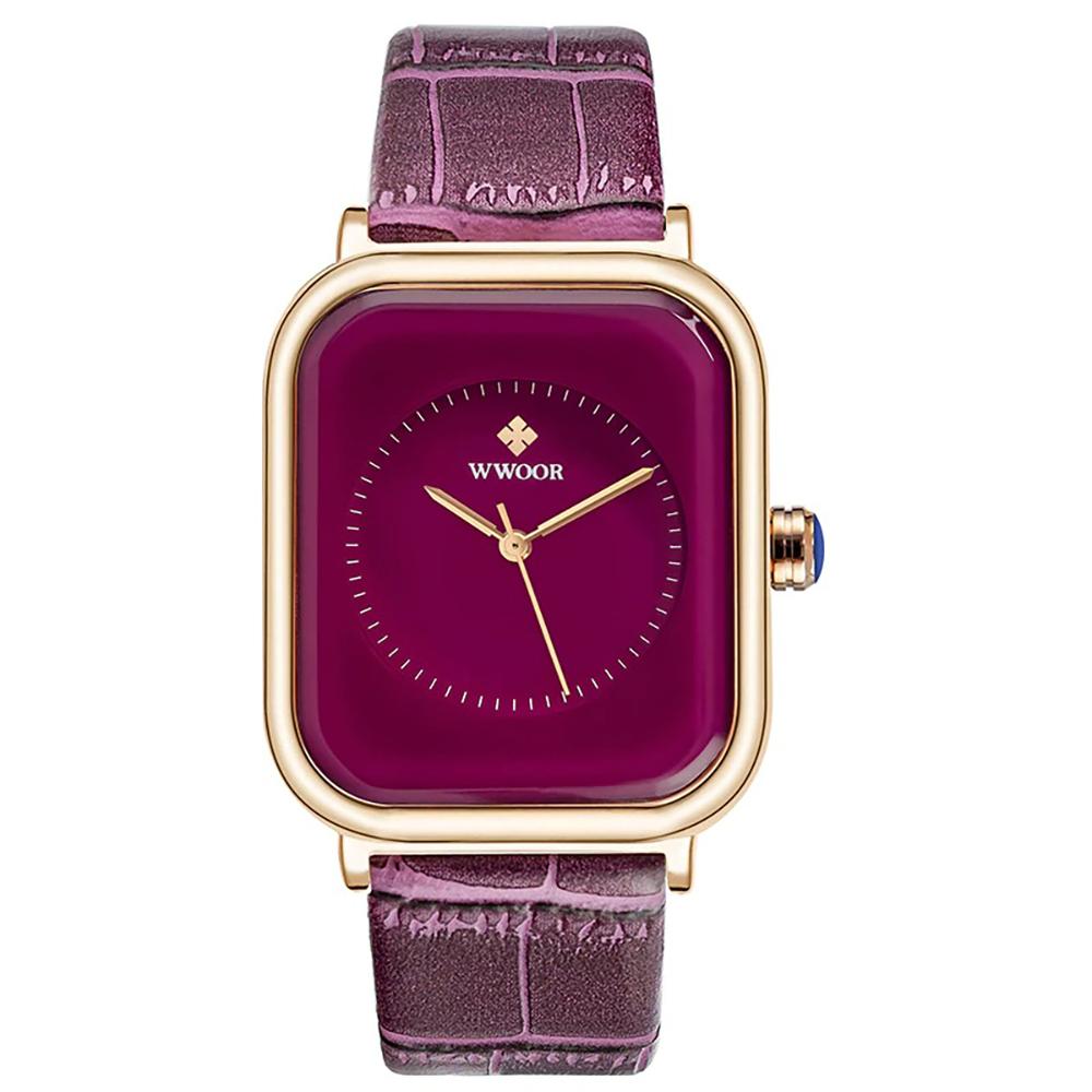 Watch - Lustrous Rectangular Case Quartz Watch With Leather Strap