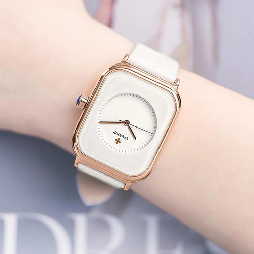 Watch - Lustrous Rectangular Case Quartz Watch With Leather Strap