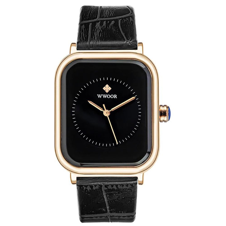 Watch - Lustrous Rectangular Case Quartz Watch With Leather Strap