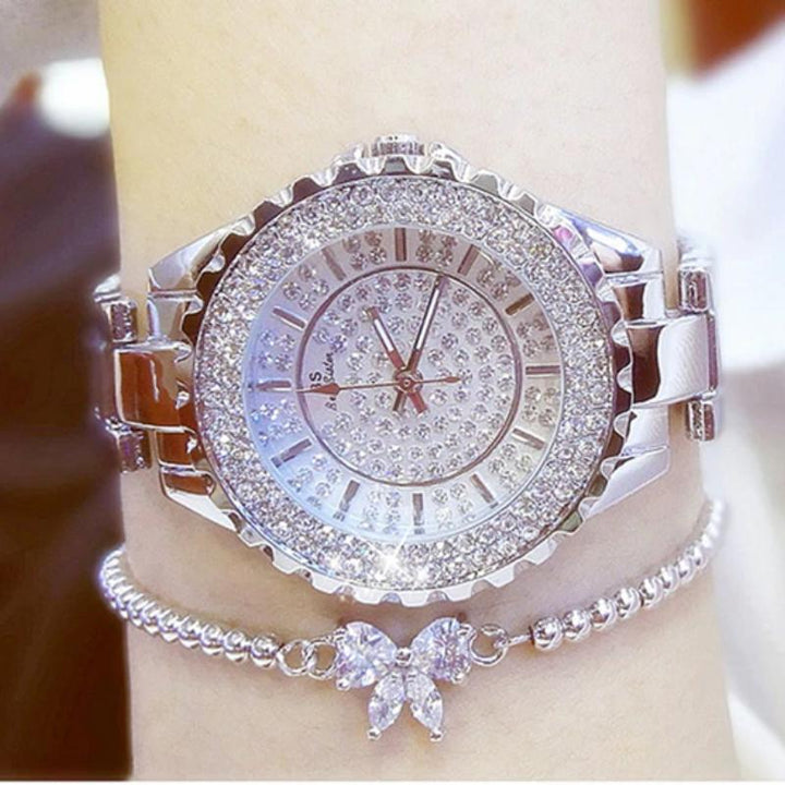 Luxury Bejeweled Wrist Watch With Bow Charm Bracelet