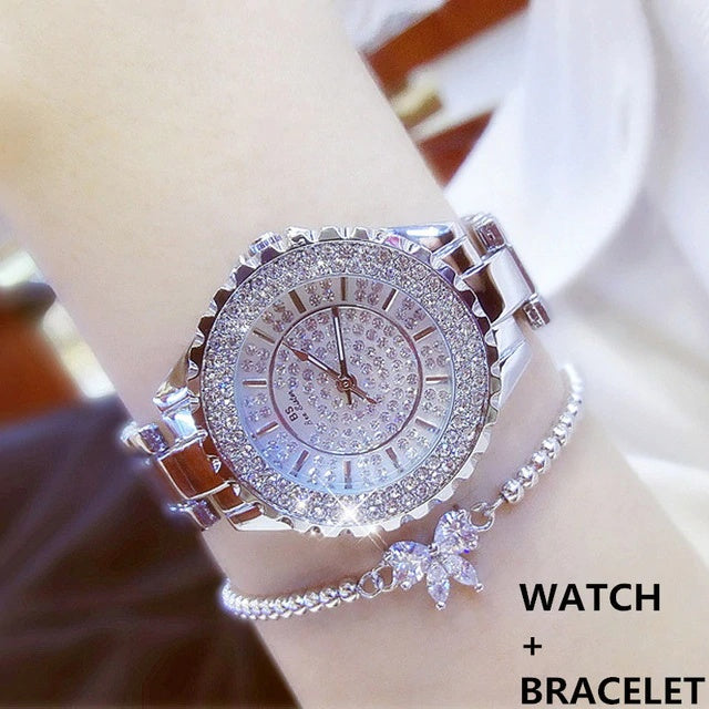 Luxury Bejeweled Wrist Watch With Bow Charm Bracelet