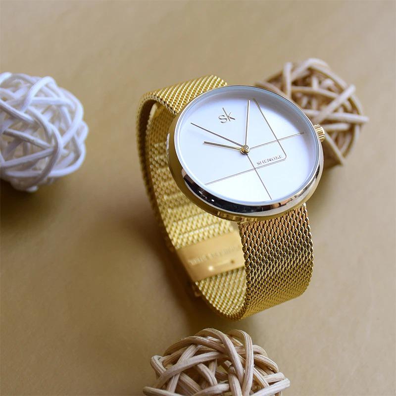 Numberless Geometric Dial with Stainless Steel Mesh Strap Quartz Watches