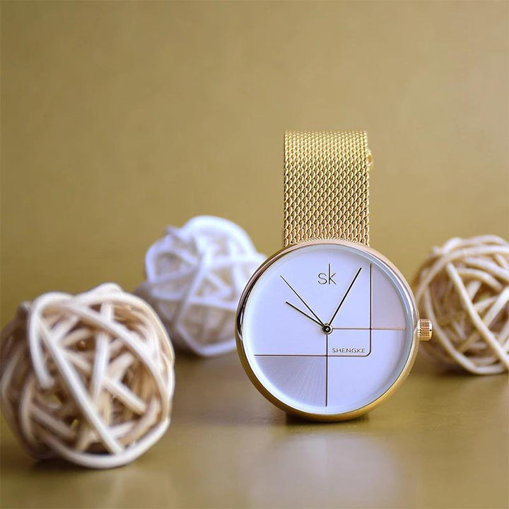 Watch - Numberless Geometric Dial In Mesh Strap Quartz Watch