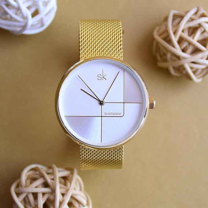 Numberless Geometric Dial with Stainless Steel Mesh Strap Quartz Watches