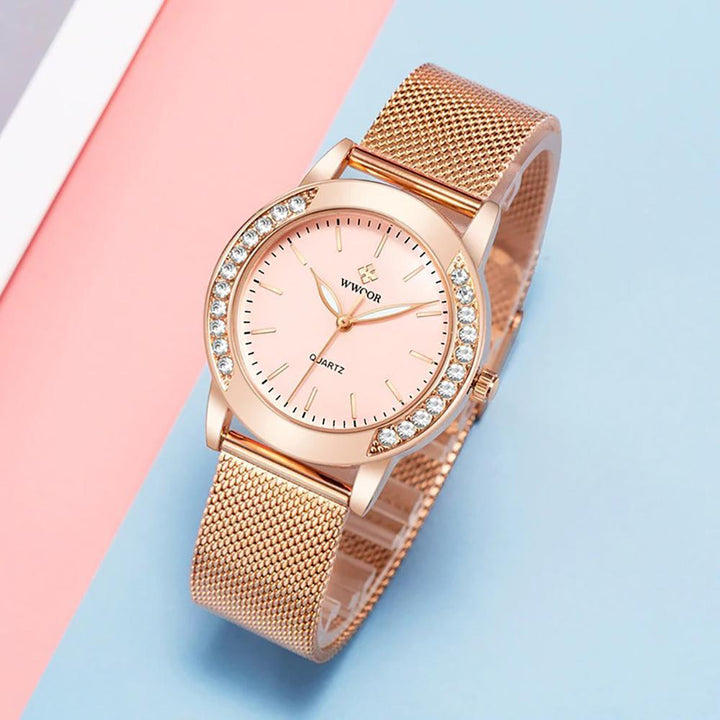 Watch - Rhinestone Embellished With Rose Gold Steel Mesh Quartz Watch