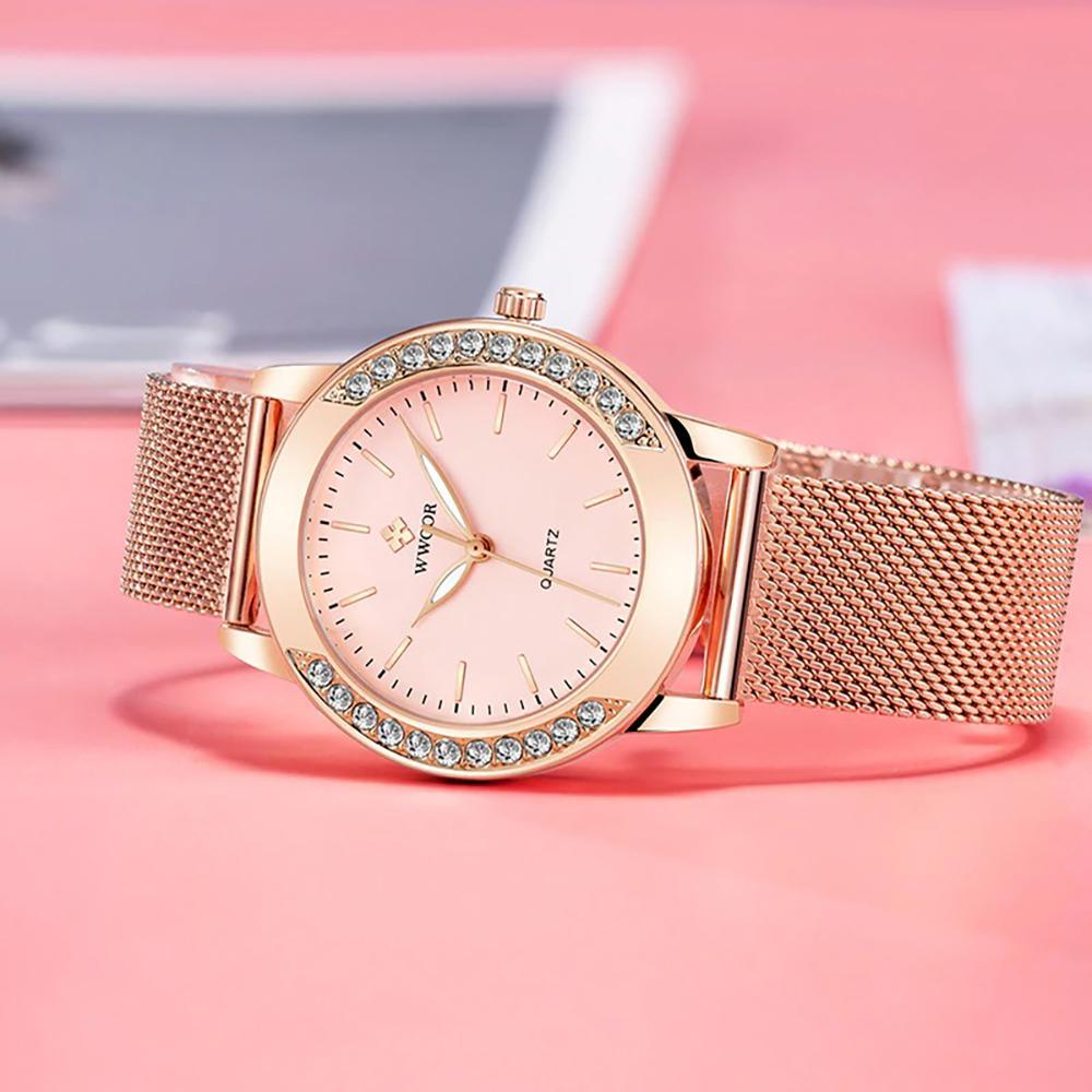 Watch - Rhinestone Embellished With Rose Gold Steel Mesh Quartz Watch